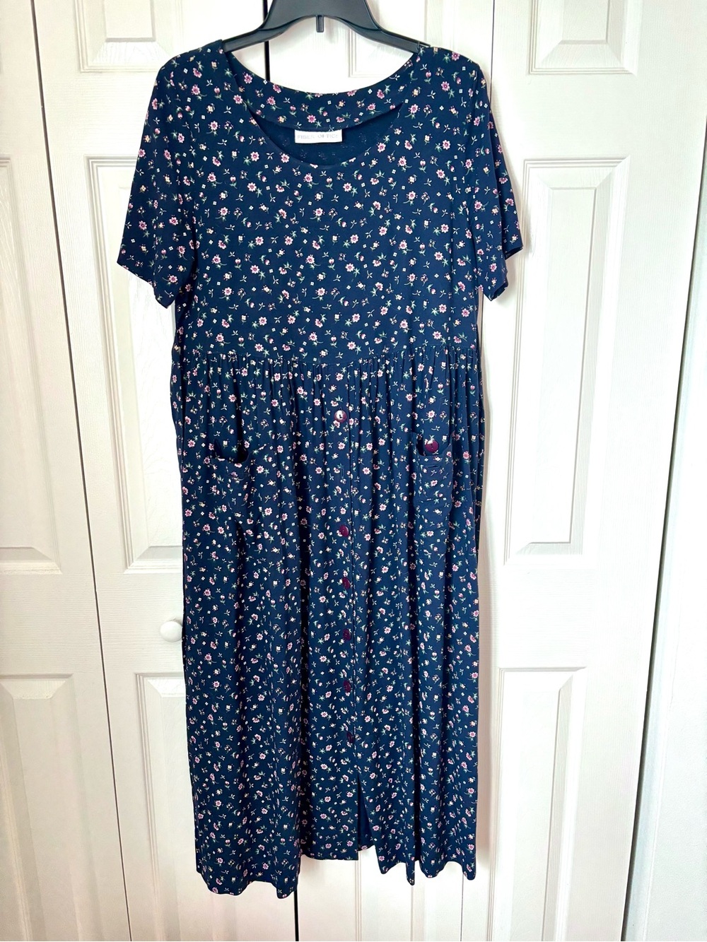 Vintage Navy Floral Short Sleeve Waist Tie Midi Dress